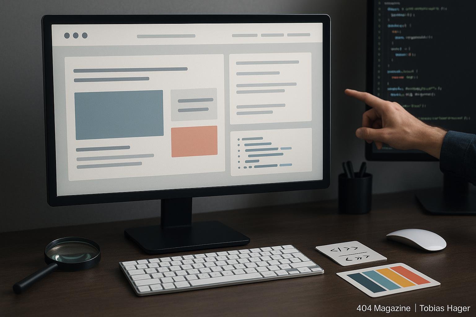 Moderner Arbeitsplatz mit Computer, Entwicklungswerkzeugen und Entwickler bei Codeanalyse, betont Webdesign und Troubleshooting