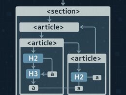 Diagramm der DOM-Hierarchie einer optimalen Webseite mit semantischen HTML-Elementen und Analysesoftware-Icons, präsentiert von 404 Magazin (Tobias Hager).