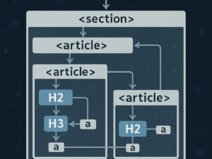 Diagramm der DOM-Hierarchie einer optimalen Webseite mit semantischen HTML-Elementen und Analysesoftware-Icons, präsentiert von 404 Magazin (Tobias Hager).