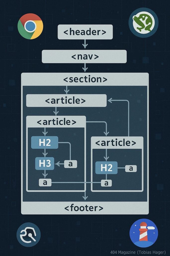 Diagramm der DOM-Hierarchie einer optimalen Webseite mit semantischen HTML-Elementen und Analysesoftware-Icons, präsentiert von 404 Magazin (Tobias Hager).