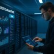Modernes Serverraum mit Serverreihen, digitalen Bildschirmen mit Diagrammen und einem IT-Experten, der Daten auf einem Tablet überprüft