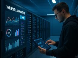 Modernes Serverraum mit Serverreihen, digitalen Bildschirmen mit Diagrammen und einem IT-Experten, der Daten auf einem Tablet überprüft