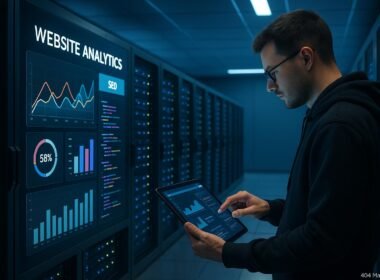 Modernes Serverraum mit Serverreihen, digitalen Bildschirmen mit Diagrammen und einem IT-Experten, der Daten auf einem Tablet überprüft