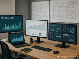 Modernes Büro mit mehreren Monitoren, die technische Diagramme und SEO-Tools zeigen, im Hintergrund Whiteboards mit Website-Architektur-Skizzen, engagiertes Umfeld, digitaler Fokus.