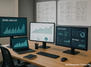 Modernes Büro mit mehreren Monitoren, die technische Diagramme und SEO-Tools zeigen, im Hintergrund Whiteboards mit Website-Architektur-Skizzen, engagiertes Umfeld, digitaler Fokus.