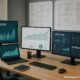 Modernes Büro mit mehreren Monitoren, die technische Diagramme und SEO-Tools zeigen, im Hintergrund Whiteboards mit Website-Architektur-Skizzen, engagiertes Umfeld, digitaler Fokus.