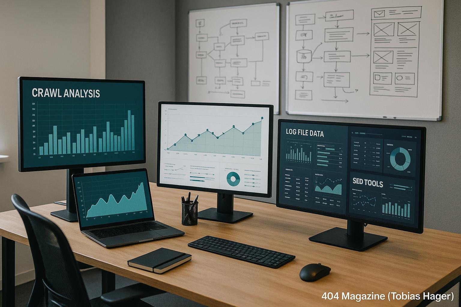Modernes Büro mit mehreren Monitoren, die technische Diagramme und SEO-Tools zeigen, im Hintergrund Whiteboards mit Website-Architektur-Skizzen, engagiertes Umfeld, digitaler Fokus.