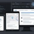 Modernes responsives Webdesign-Setup mit Smartphone, Tablet und Desktop, zeigt UI-Elemente, Code-Editoren, Chrome DevTools und Framework-Symbole.