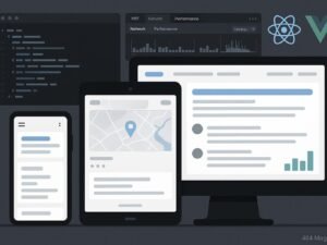 Modernes responsives Webdesign-Setup mit Smartphone, Tablet und Desktop, zeigt UI-Elemente, Code-Editoren, Chrome DevTools und Framework-Symbole.