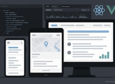 Modernes responsives Webdesign-Setup mit Smartphone, Tablet und Desktop, zeigt UI-Elemente, Code-Editoren, Chrome DevTools und Framework-Symbole.