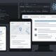 Modernes responsives Webdesign-Setup mit Smartphone, Tablet und Desktop, zeigt UI-Elemente, Code-Editoren, Chrome DevTools und Framework-Symbole.