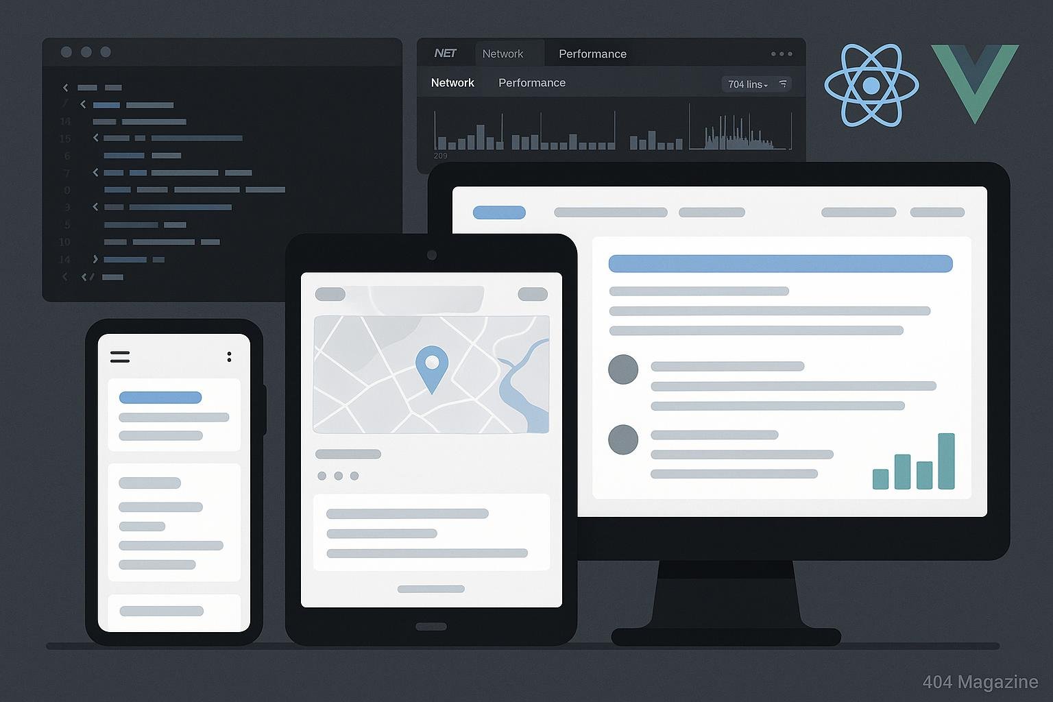 Modernes responsives Webdesign-Setup mit Smartphone, Tablet und Desktop, zeigt UI-Elemente, Code-Editoren, Chrome DevTools und Framework-Symbole.