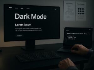 Moderner Arbeitsplatz mit Dark Mode Webseite, CSS-Code auf Laptop, technische Diagramme an der Wand, fotografiert von Tobias Hager, 404 Magazine.