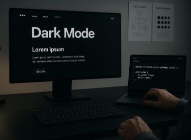 Moderner Arbeitsplatz mit Dark Mode Webseite, CSS-Code auf Laptop, technische Diagramme an der Wand, fotografiert von Tobias Hager, 404 Magazine.