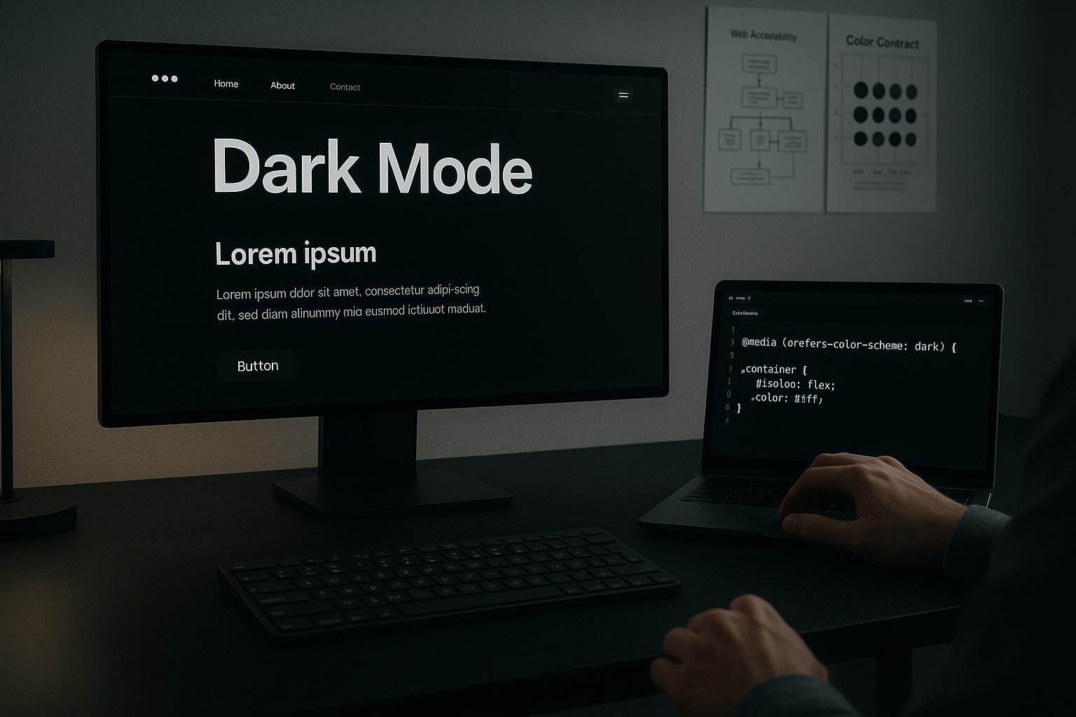 Moderner Arbeitsplatz mit Dark Mode Webseite, CSS-Code auf Laptop, technische Diagramme an der Wand, fotografiert von Tobias Hager, 404 Magazine.