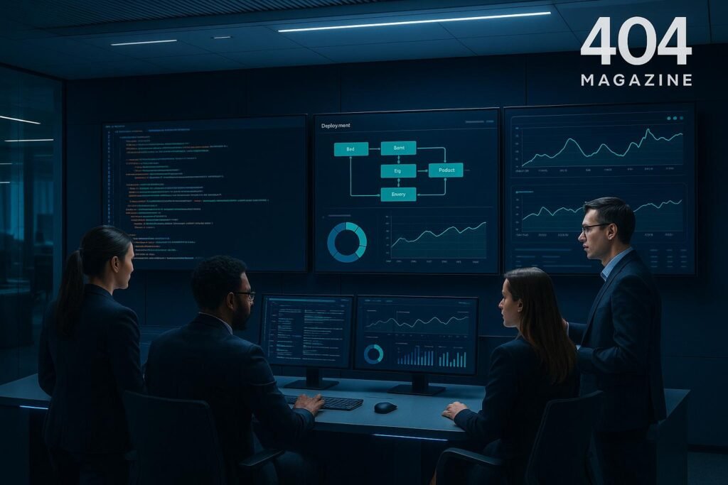 Modernes IT-Controlzentrum mit großen Bildschirmen, Code, Monitoring-Dashboards und Teammitgliedern in professioneller Kleidung, die an High-Tech-Konsole arbeiten.