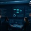 Modernes IT-Controlzentrum mit großen Bildschirmen, Code, Monitoring-Dashboards und Teammitgliedern in professioneller Kleidung, die an High-Tech-Konsole arbeiten.