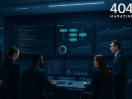 Modernes IT-Controlzentrum mit großen Bildschirmen, Code, Monitoring-Dashboards und Teammitgliedern in professioneller Kleidung, die an High-Tech-Konsole arbeiten.