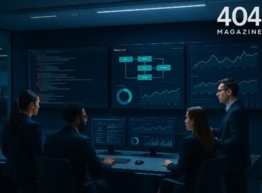 Modernes IT-Controlzentrum mit großen Bildschirmen, Code, Monitoring-Dashboards und Teammitgliedern in professioneller Kleidung, die an High-Tech-Konsole arbeiten.