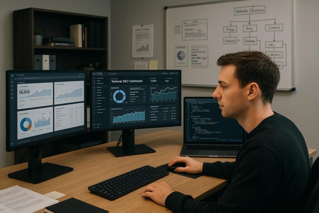 Entwickler arbeitet konzentriert vor einem Bildschirm mit technischen SEO-Dashboards in einem modernen Büro, im Hintergrund Notizen, Whiteboard mit Skizzen zu Website-Strukturen. Credit: 404 Magazine (Tobias Hager)