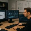 Entwickler arbeitet konzentriert vor einem Bildschirm mit technischen SEO-Dashboards in einem modernen Büro, im Hintergrund Notizen, Whiteboard mit Skizzen zu Website-Strukturen. Credit: 404 Magazine (Tobias Hager)