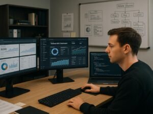 Entwickler arbeitet konzentriert vor einem Bildschirm mit technischen SEO-Dashboards in einem modernen Büro, im Hintergrund Notizen, Whiteboard mit Skizzen zu Website-Strukturen. Credit: 404 Magazine (Tobias Hager)
