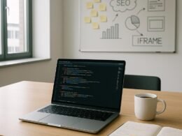 Modernes, sachliches Büro mit Laptop, Notizbuch, Kaffee und Pinnwand mit Sticky Notes und SEO-Diagrammen, Tageslicht durch große Fenster, professionelle Arbeitsumgebung.