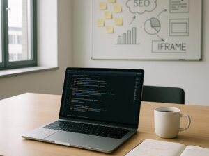 Modernes, sachliches Büro mit Laptop, Notizbuch, Kaffee und Pinnwand mit Sticky Notes und SEO-Diagrammen, Tageslicht durch große Fenster, professionelle Arbeitsumgebung.