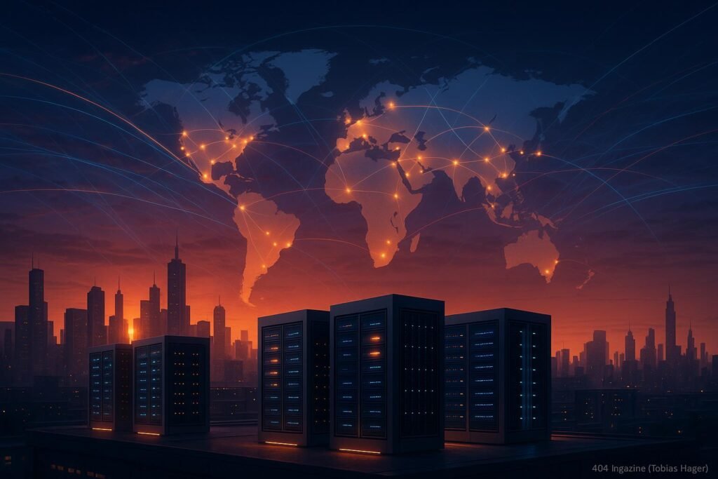 Futuristisches Stadtbild bei Sonnenuntergang mit vernetzten Serverfarmen, leuchtenden Datenströmen und globaler Karte, symbolisiert die weltweite Netzwerkinfrastruktur