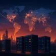 Futuristisches Stadtbild bei Sonnenuntergang mit vernetzten Serverfarmen, leuchtenden Datenströmen und globaler Karte, symbolisiert die weltweite Netzwerkinfrastruktur