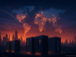 Futuristisches Stadtbild bei Sonnenuntergang mit vernetzten Serverfarmen, leuchtenden Datenströmen und globaler Karte, symbolisiert die weltweite Netzwerkinfrastruktur