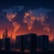Futuristisches Stadtbild bei Sonnenuntergang mit vernetzten Serverfarmen, leuchtenden Datenströmen und globaler Karte, symbolisiert die weltweite Netzwerkinfrastruktur