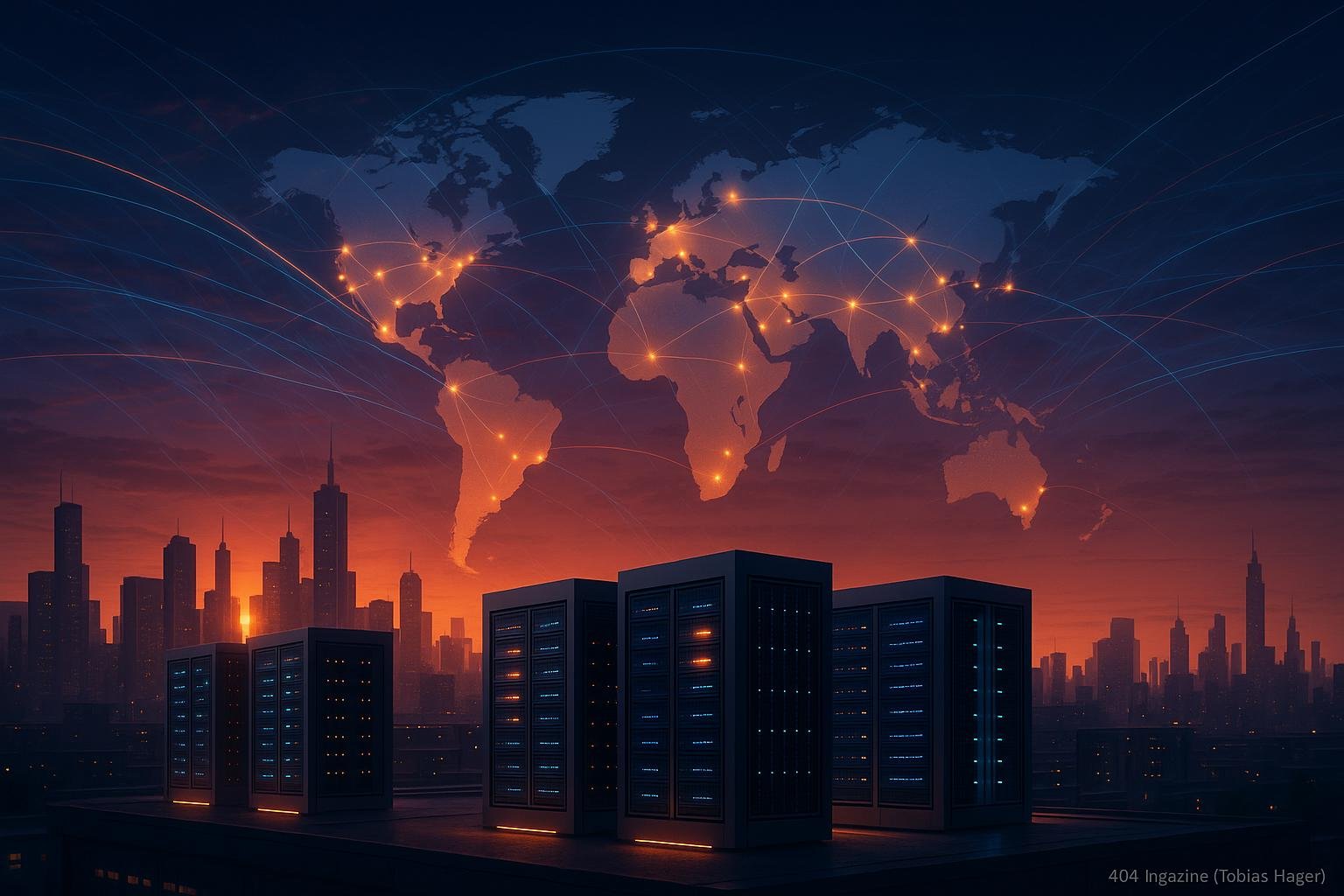 Futuristisches Stadtbild bei Sonnenuntergang mit vernetzten Serverfarmen, leuchtenden Datenströmen und globaler Karte, symbolisiert die weltweite Netzwerkinfrastruktur