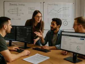 Entwicklerteam arbeitet in modernem Büro an Monitoren mit Code-Editoren, SEO-Analysen und Whiteboards mit Diagrammen, auf einem Tisch liegen SEO-Dokumente. Credit: 404 Magazine (Tobias Hager).
