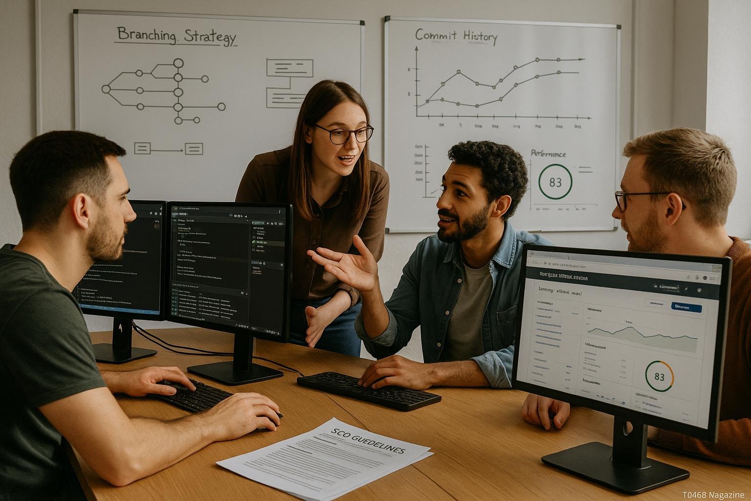 Entwicklerteam arbeitet in modernem Büro an Monitoren mit Code-Editoren, SEO-Analysen und Whiteboards mit Diagrammen, auf einem Tisch liegen SEO-Dokumente. Credit: 404 Magazine (Tobias Hager).