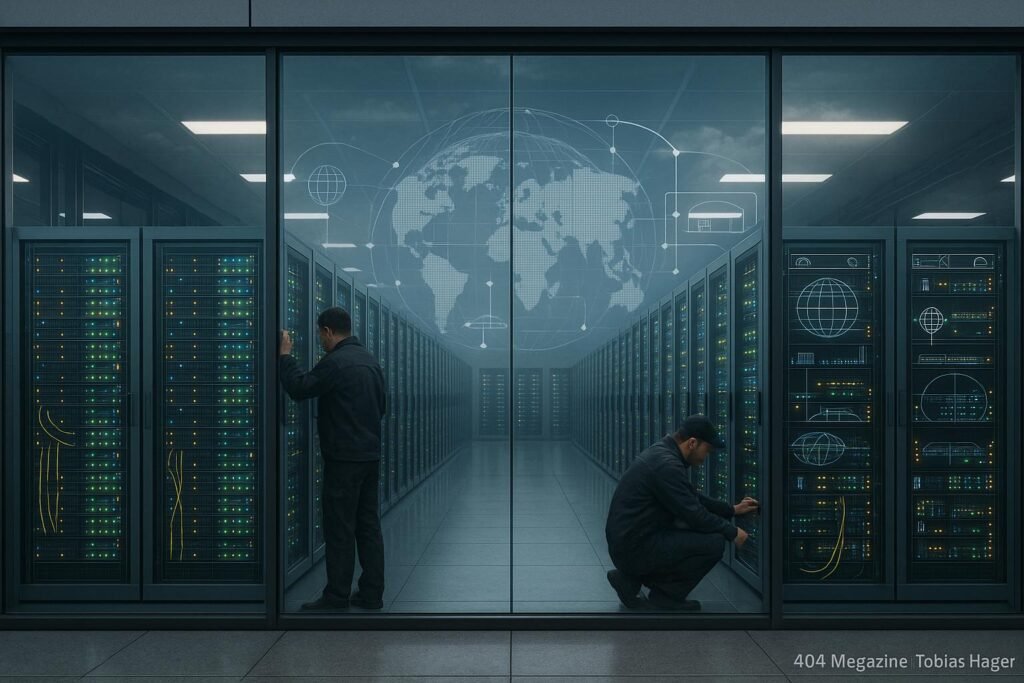 Rechenzentrum mit leuchtenden Serverracks hinter Glas, Techniker in dunkler Kleidung bei Wartung, globale Netzwerkknoten im Hintergrund, bewölkter Himmel