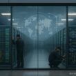 Rechenzentrum mit leuchtenden Serverracks hinter Glas, Techniker in dunkler Kleidung bei Wartung, globale Netzwerkknoten im Hintergrund, bewölkter Himmel