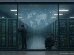 Rechenzentrum mit leuchtenden Serverracks hinter Glas, Techniker in dunkler Kleidung bei Wartung, globale Netzwerkknoten im Hintergrund, bewölkter Himmel