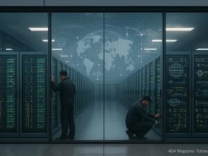 Rechenzentrum mit leuchtenden Serverracks hinter Glas, Techniker in dunkler Kleidung bei Wartung, globale Netzwerkknoten im Hintergrund, bewölkter Himmel