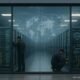 Rechenzentrum mit leuchtenden Serverracks hinter Glas, Techniker in dunkler Kleidung bei Wartung, globale Netzwerkknoten im Hintergrund, bewölkter Himmel