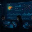 Futuristisches Kontrollzentrum mit interaktiven Digitalanzeigen, Serverräumen im Hintergrund und Entwicklern bei der Datenanalyse in moderner Büroumgebung
