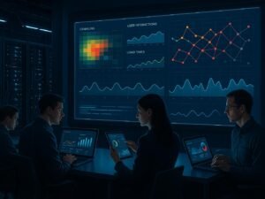 Futuristisches Kontrollzentrum mit interaktiven Digitalanzeigen, Serverräumen im Hintergrund und Entwicklern bei der Datenanalyse in moderner Büroumgebung