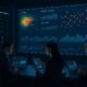Futuristisches Kontrollzentrum mit interaktiven Digitalanzeigen, Serverräumen im Hintergrund und Entwicklern bei der Datenanalyse in moderner Büroumgebung