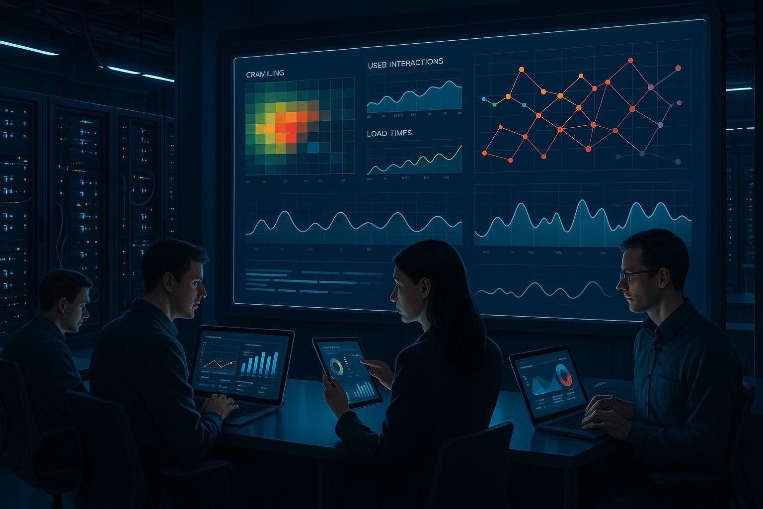 Futuristisches Kontrollzentrum mit interaktiven Digitalanzeigen, Serverräumen im Hintergrund und Entwicklern bei der Datenanalyse in moderner Büroumgebung