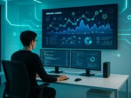 Futuristisches Büro mit großem Bildschirm, Entwickler an modernem Arbeitsplatz, Neonlichte in Blau und Grün, digitale Visualisierungen und Datenströme im Hintergrund.