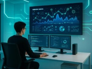 Futuristisches Büro mit großem Bildschirm, Entwickler an modernem Arbeitsplatz, Neonlichte in Blau und Grün, digitale Visualisierungen und Datenströme im Hintergrund.
