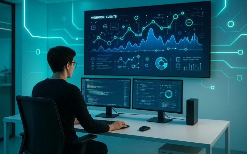 Futuristisches Büro mit großem Bildschirm, Entwickler an modernem Arbeitsplatz, Neonlichte in Blau und Grün, digitale Visualisierungen und Datenströme im Hintergrund.