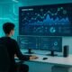 Futuristisches Büro mit großem Bildschirm, Entwickler an modernem Arbeitsplatz, Neonlichte in Blau und Grün, digitale Visualisierungen und Datenströme im Hintergrund.