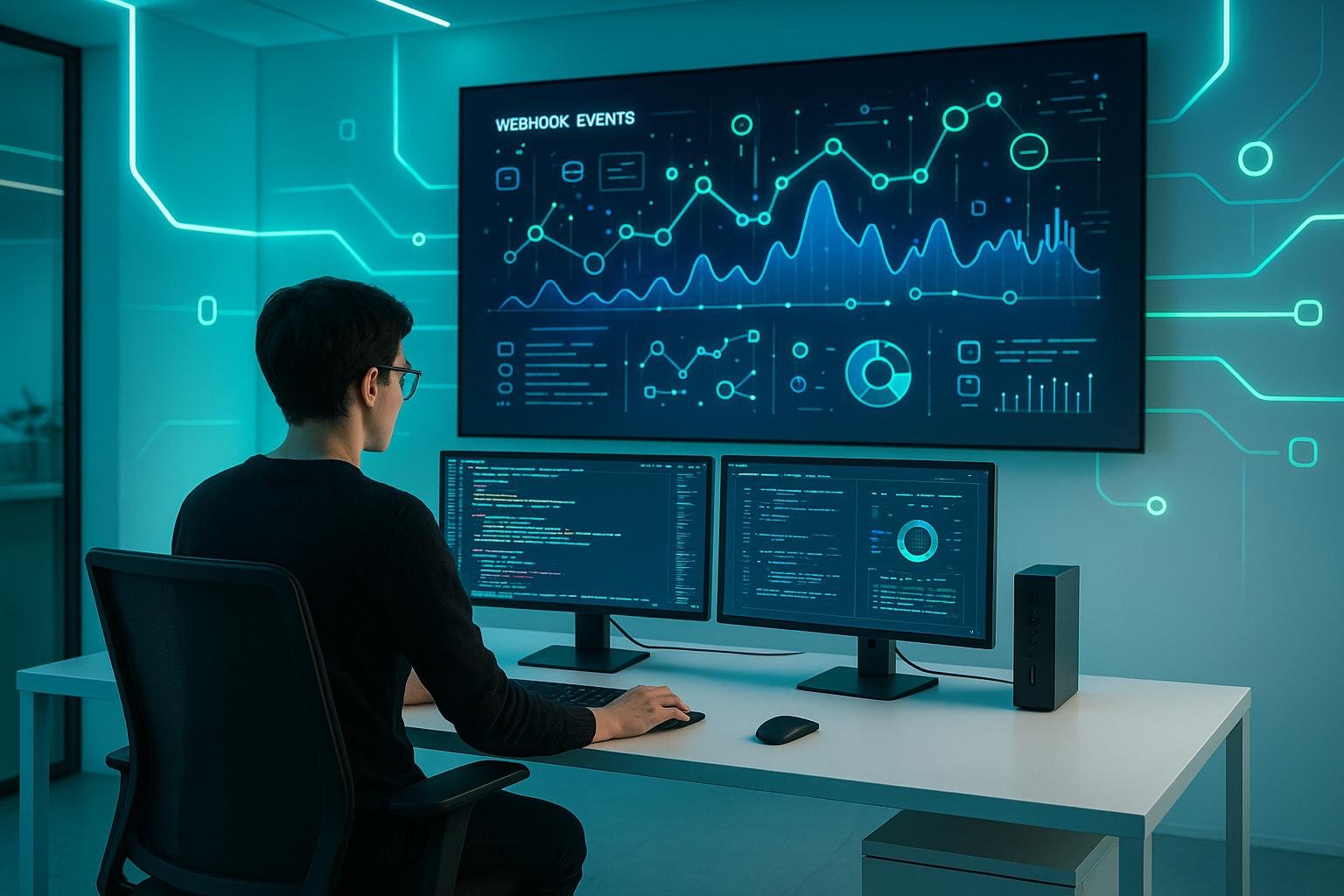 Futuristisches Büro mit großem Bildschirm, Entwickler an modernem Arbeitsplatz, Neonlichte in Blau und Grün, digitale Visualisierungen und Datenströme im Hintergrund.