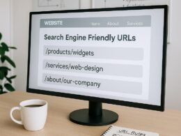 Modernes Büro mit großem Bildschirm, Notizbuch und Whiteboards, die SEO-Strategien und URL-Regeln visualisieren, mit einer Tasse Kaffee im Vordergrund.